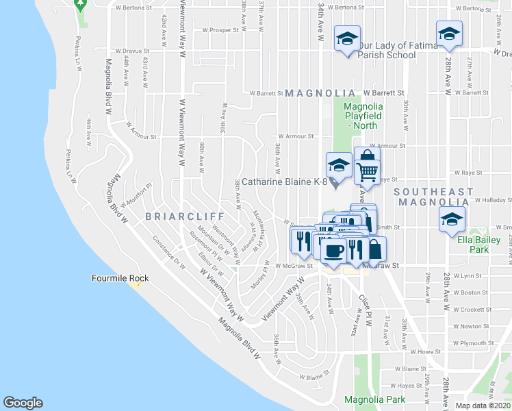 map of restaurants, bars, coffee shops, grocery stores, and more near 2500 Montavista Place West in Seattle
