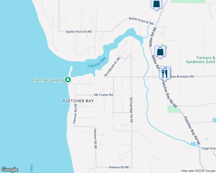 map of restaurants, bars, coffee shops, grocery stores, and more near 5660 Northeast Foster Road in Bainbridge Island