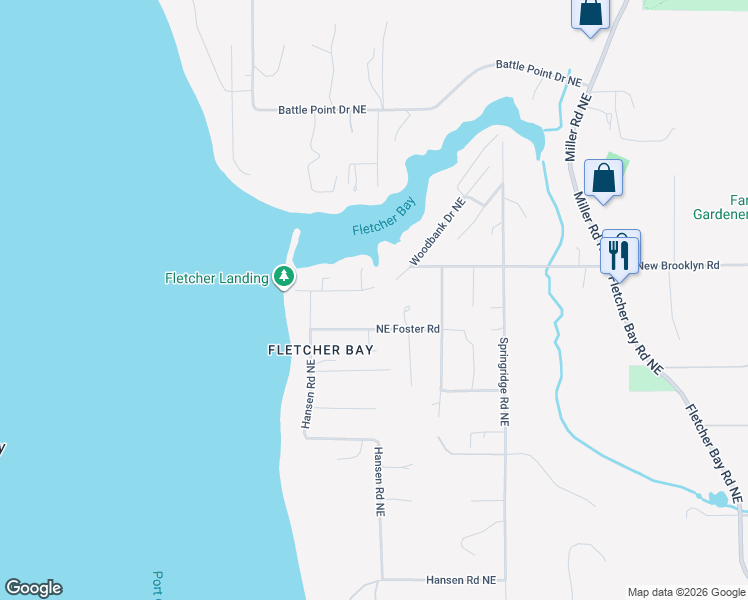 map of restaurants, bars, coffee shops, grocery stores, and more near 5516 Northeast Foster Road in Bainbridge Island