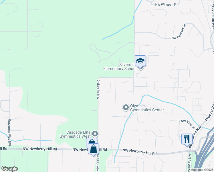 map of restaurants, bars, coffee shops, grocery stores, and more near 8612 Dickey Road Northwest in Silverdale
