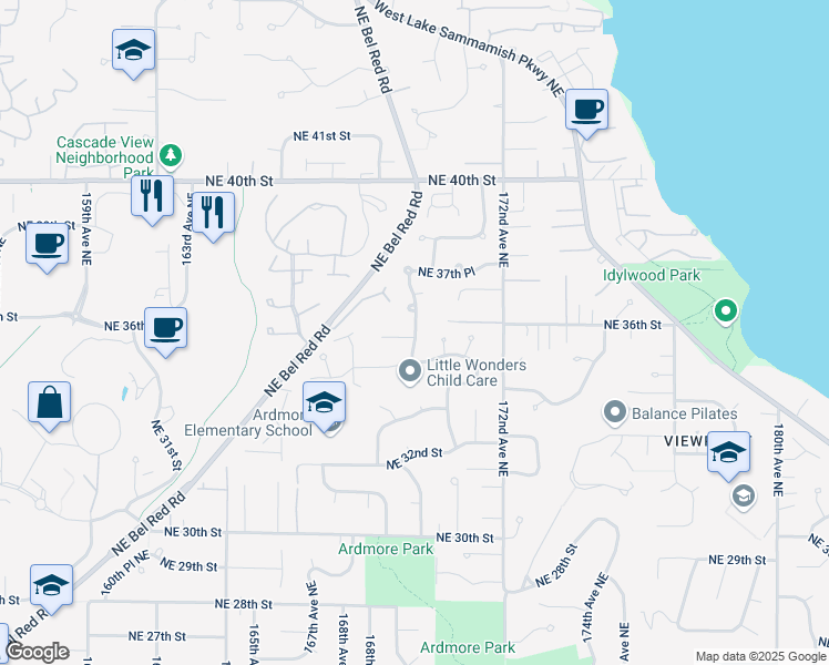map of restaurants, bars, coffee shops, grocery stores, and more near 3643 169th Avenue Northeast in Bellevue