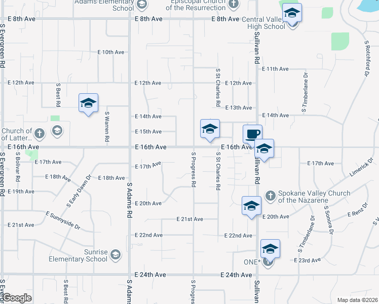 map of restaurants, bars, coffee shops, grocery stores, and more near 1606 South Progress Road in Spokane Valley