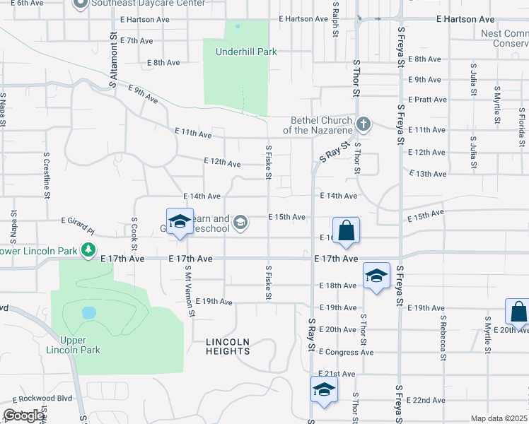 map of restaurants, bars, coffee shops, grocery stores, and more near 3030 East 15th Avenue in Spokane