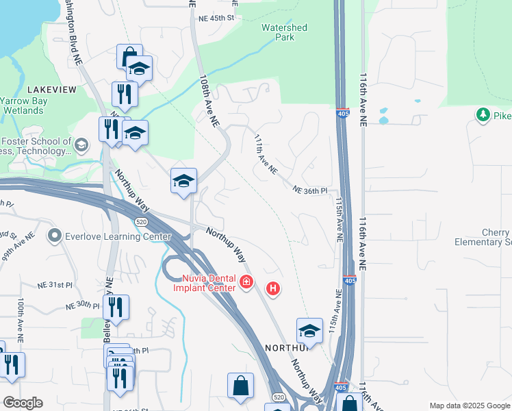 map of restaurants, bars, coffee shops, grocery stores, and more near 11000 Northeast 33rd Place in Bellevue
