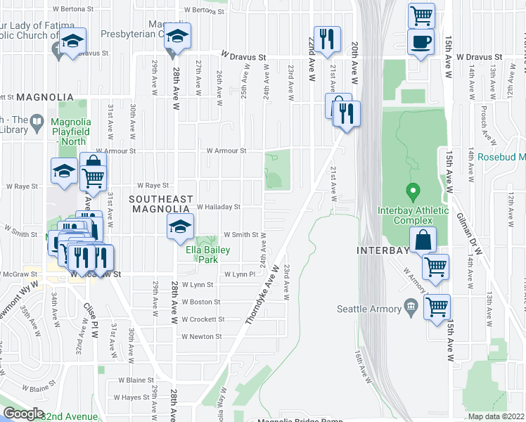 map of restaurants, bars, coffee shops, grocery stores, and more near 24th Ave W & W Halladay St in Seattle