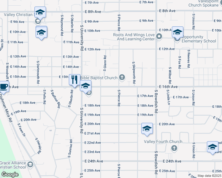 map of restaurants, bars, coffee shops, grocery stores, and more near 11006 East 16th Avenue in Spokane Valley
