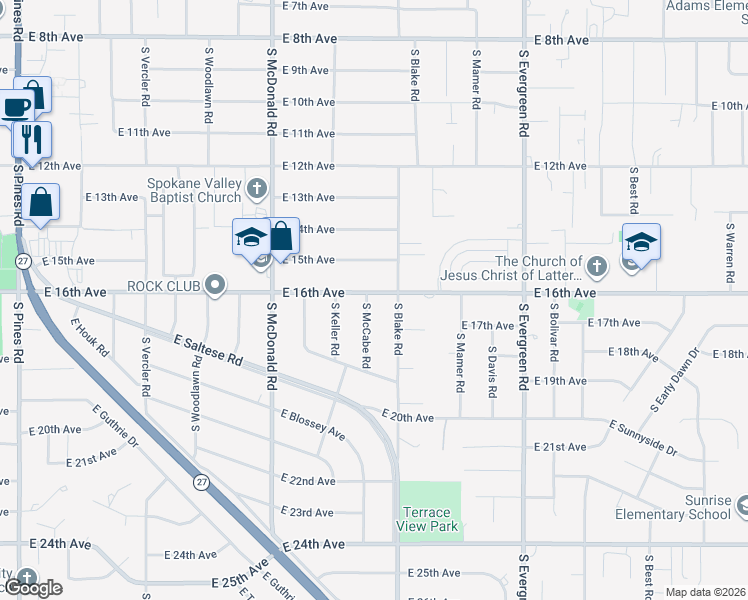 map of restaurants, bars, coffee shops, grocery stores, and more near 1622 South McCabe Road in Spokane Valley
