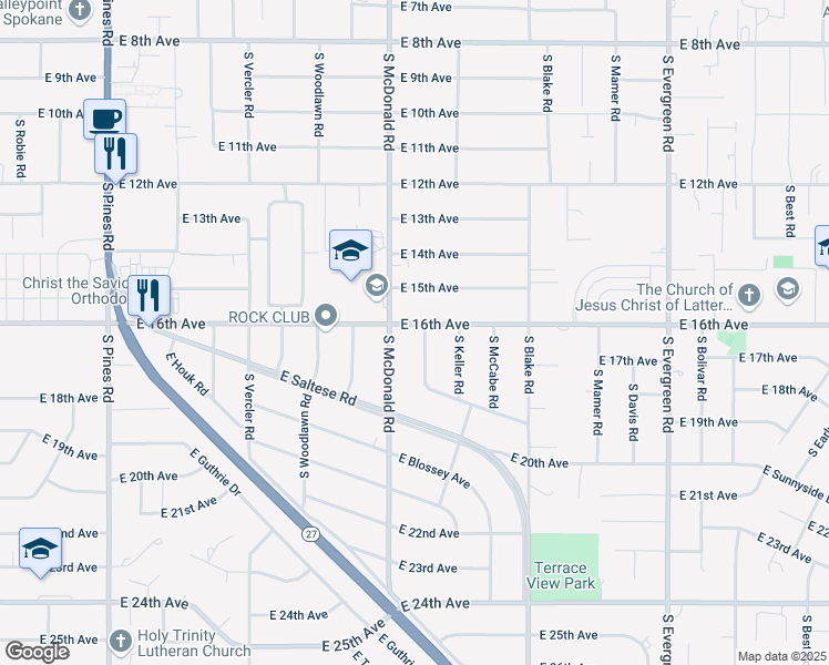 map of restaurants, bars, coffee shops, grocery stores, and more near 1622 South Clinton Road in Spokane Valley