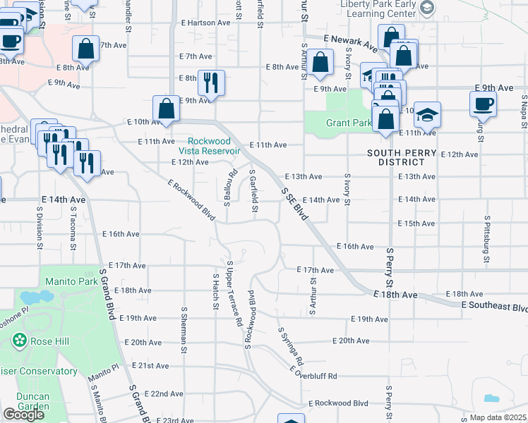 map of restaurants, bars, coffee shops, grocery stores, and more near 900 East Rockwood Boulevard in Spokane