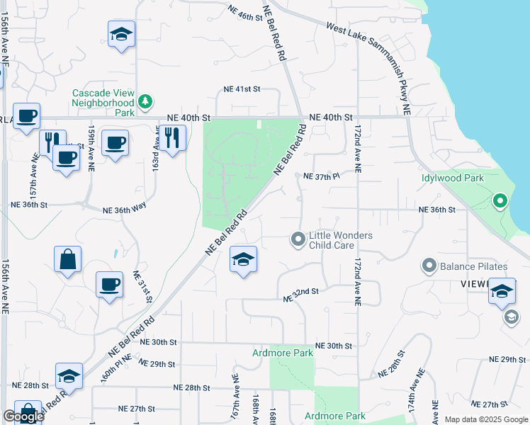map of restaurants, bars, coffee shops, grocery stores, and more near 3442 Bel-Red Road in Bellevue