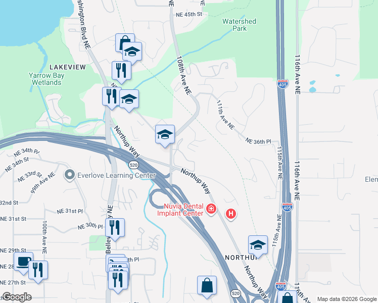 map of restaurants, bars, coffee shops, grocery stores, and more near 10922 Northeast 34th Place in Bellevue