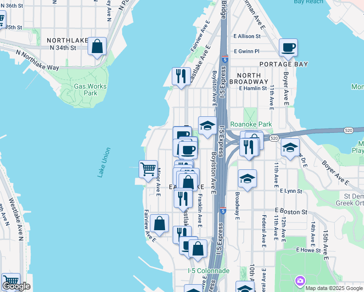 map of restaurants, bars, coffee shops, grocery stores, and more near 2366 Eastlake Avenue East in Seattle