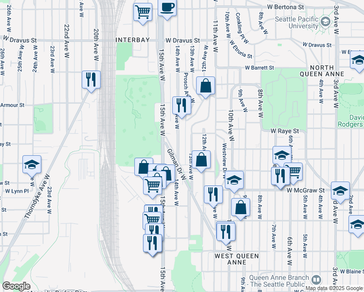 map of restaurants, bars, coffee shops, grocery stores, and more near 2516 14th Avenue West in Seattle