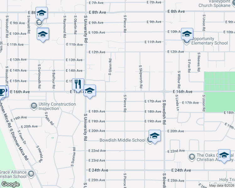map of restaurants, bars, coffee shops, grocery stores, and more near 11008 East 16th Avenue in Spokane Valley