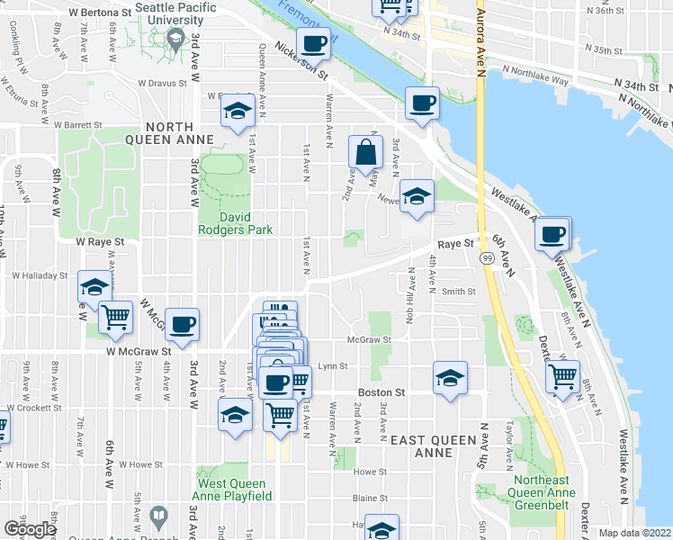 map of restaurants, bars, coffee shops, grocery stores, and more near 2526 Warren Avenue North in Seattle