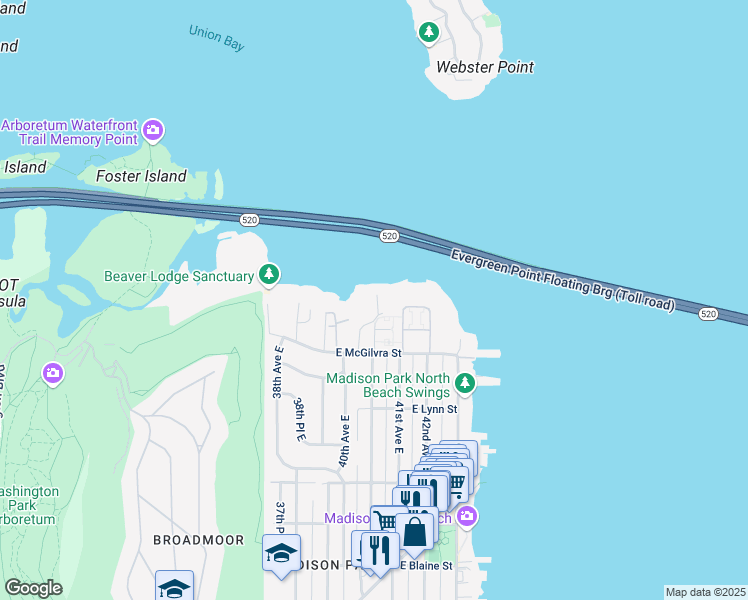 map of restaurants, bars, coffee shops, grocery stores, and more near 2505 41st Avenue East in Seattle