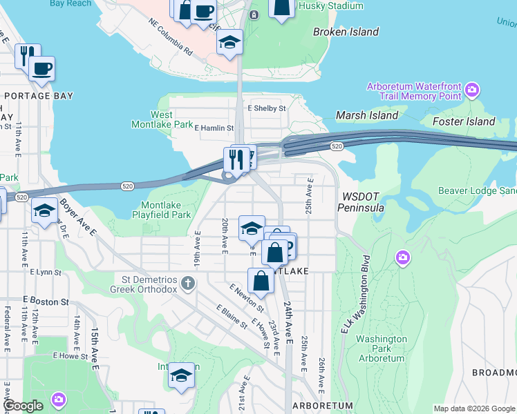 map of restaurants, bars, coffee shops, grocery stores, and more near 2203 East Louisa Street in Seattle