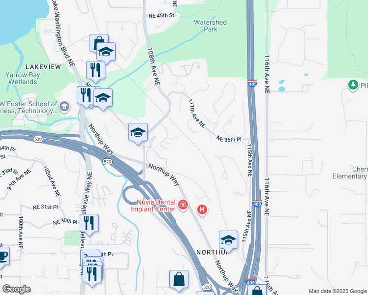 map of restaurants, bars, coffee shops, grocery stores, and more near 11058 Northeast 33rd Place in Bellevue