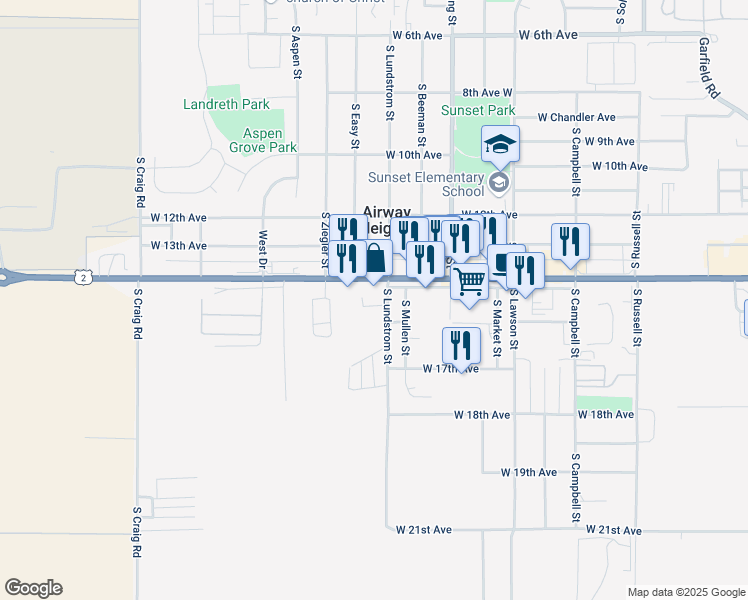 map of restaurants, bars, coffee shops, grocery stores, and more near in Airway Heights
