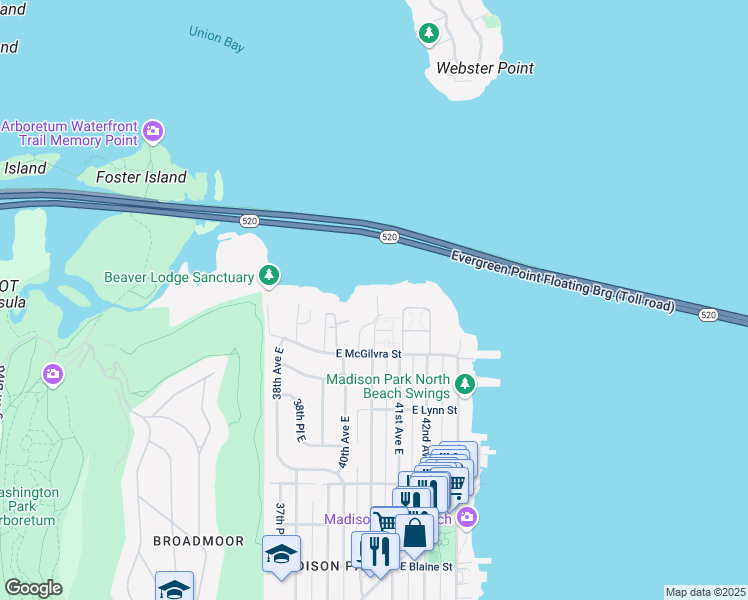 map of restaurants, bars, coffee shops, grocery stores, and more near 2505 41st Avenue East in Seattle