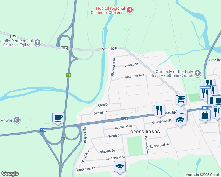 map of restaurants, bars, coffee shops, grocery stores, and more near 1560 Riverbank Drive in Bathurst