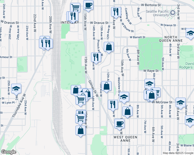 map of restaurants, bars, coffee shops, grocery stores, and more near 2556 14th Avenue West in Seattle