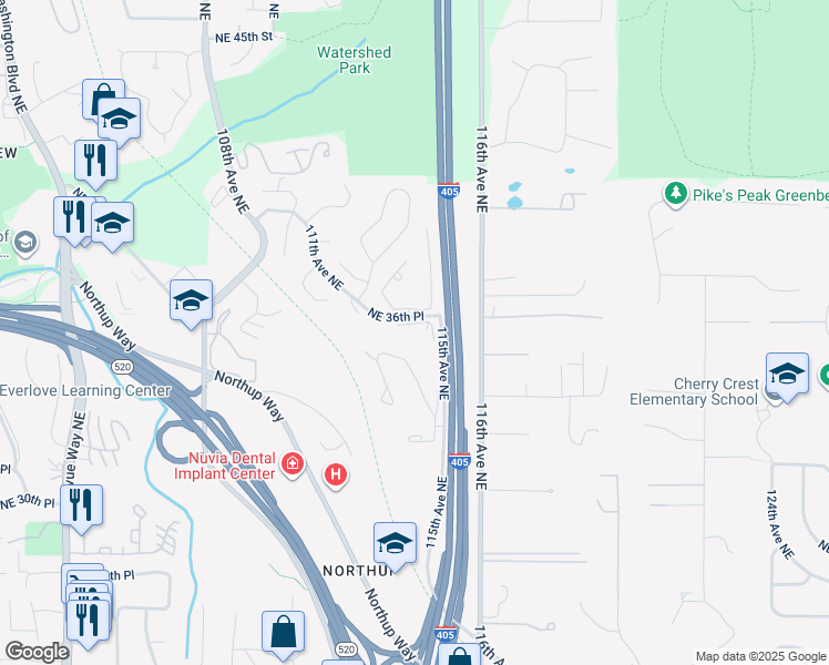 map of restaurants, bars, coffee shops, grocery stores, and more near 11249 Northeast 36th Place in Bellevue