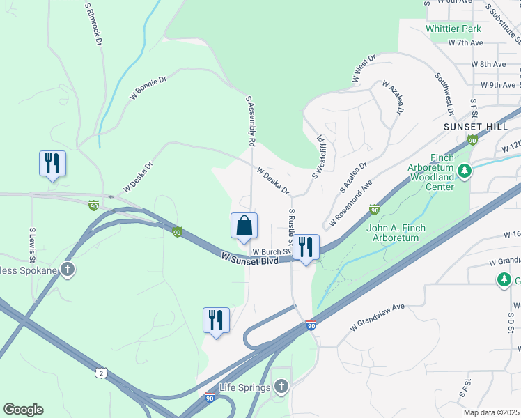 map of restaurants, bars, coffee shops, grocery stores, and more near 1403 South Assembly Road in Spokane