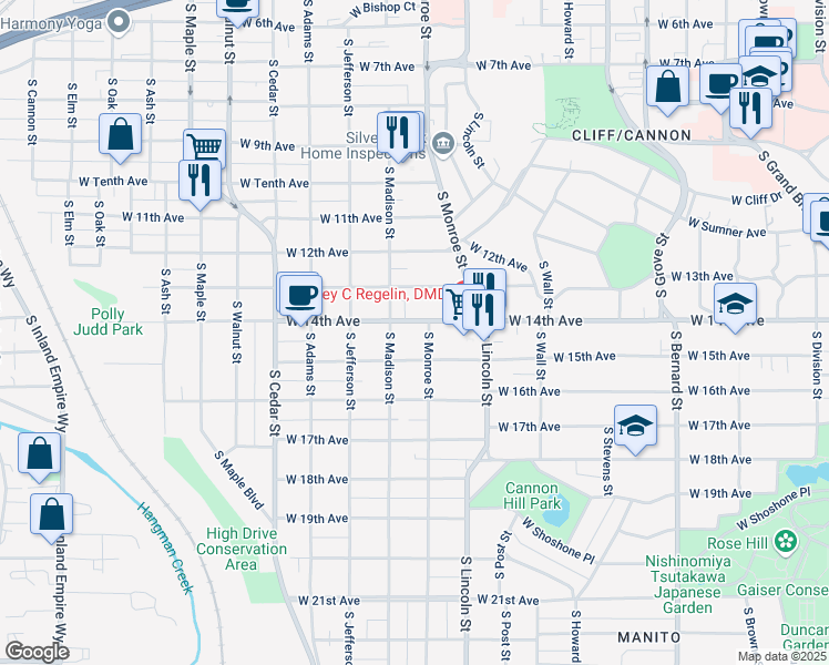 map of restaurants, bars, coffee shops, grocery stores, and more near 1032 West 14th Avenue in Spokane