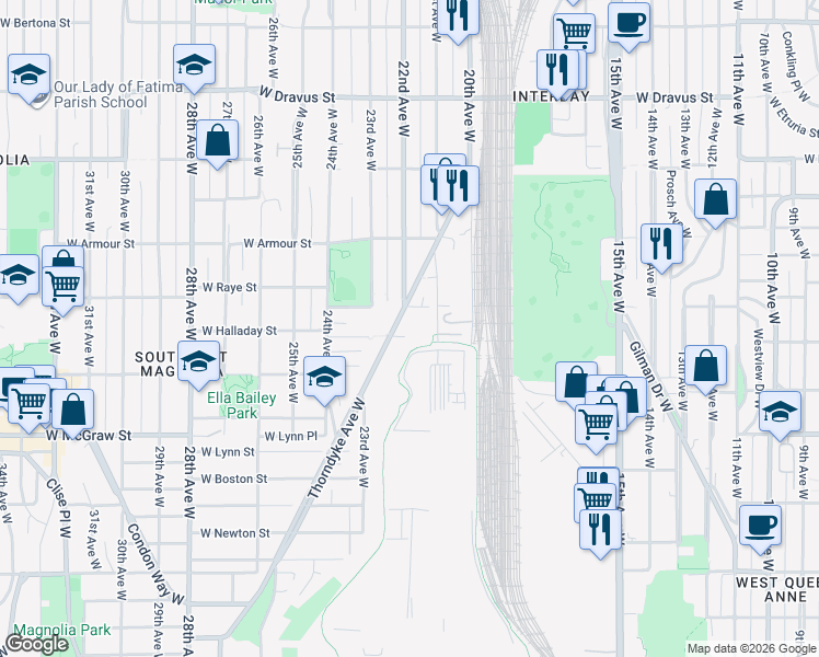 map of restaurants, bars, coffee shops, grocery stores, and more near 2603 B 22nd Avenue West in Seattle