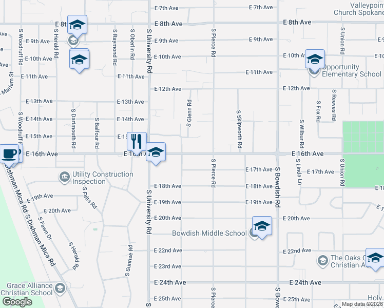 map of restaurants, bars, coffee shops, grocery stores, and more near 10912 East 15th Avenue in Spokane Valley