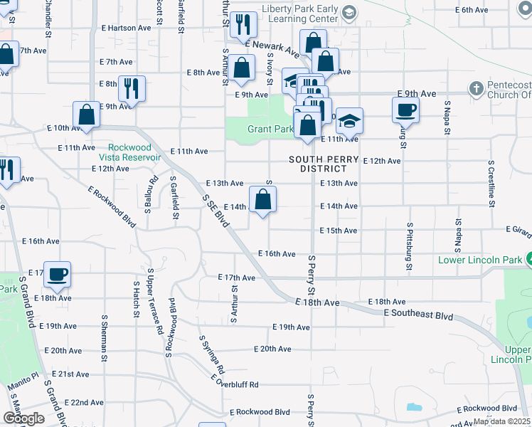 map of restaurants, bars, coffee shops, grocery stores, and more near 1127 East 14th Avenue in Spokane