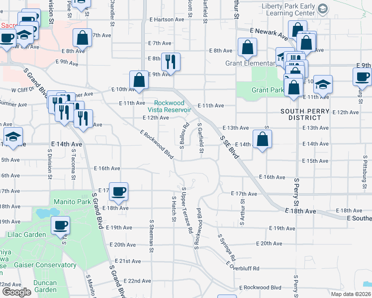 map of restaurants, bars, coffee shops, grocery stores, and more near 815 East 14th Avenue in Spokane