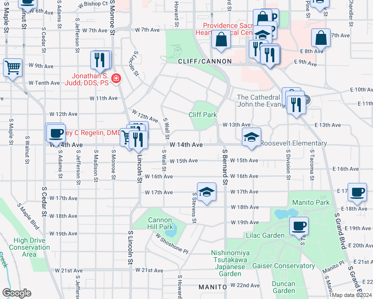 map of restaurants, bars, coffee shops, grocery stores, and more near 524 West 14th Avenue in Spokane