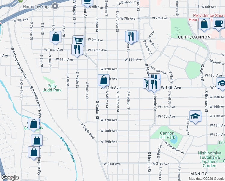 map of restaurants, bars, coffee shops, grocery stores, and more near 1317 South Adams Street in Spokane