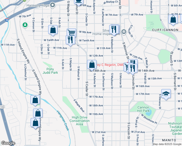 map of restaurants, bars, coffee shops, grocery stores, and more near 1318 West 14th Avenue in Spokane