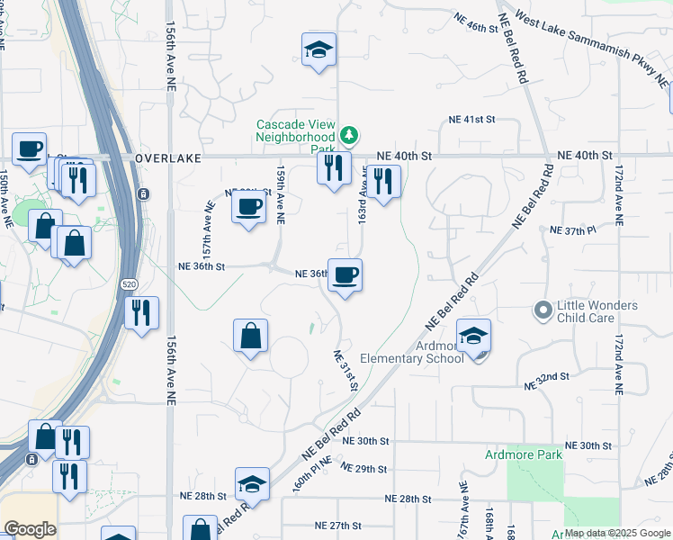 map of restaurants, bars, coffee shops, grocery stores, and more near 3620 163rd Ave NE in Redmond