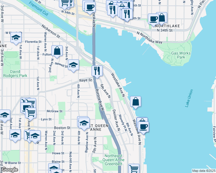 map of restaurants, bars, coffee shops, grocery stores, and more near 2533 Westlake Avenue North in Seattle
