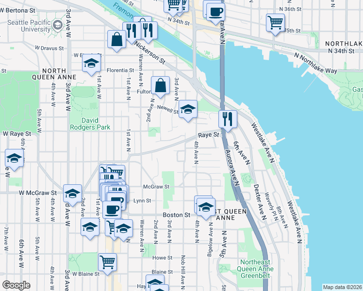 map of restaurants, bars, coffee shops, grocery stores, and more near 350 Queen Anne Drive in Seattle