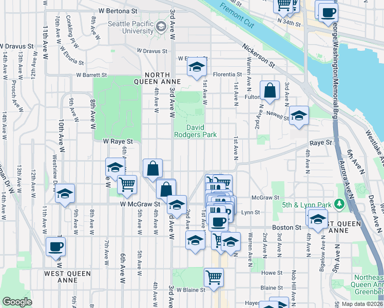 map of restaurants, bars, coffee shops, grocery stores, and more near 2552 2nd Avenue North in Seattle