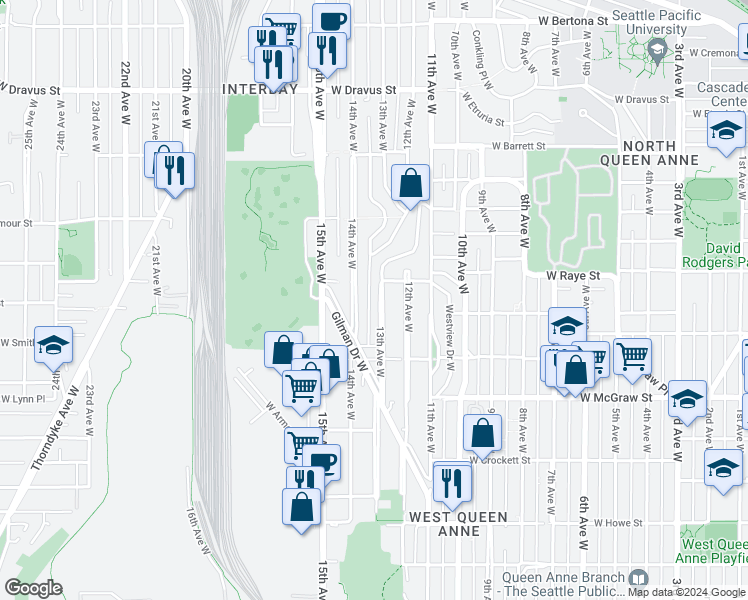 map of restaurants, bars, coffee shops, grocery stores, and more near 2602 14th Avenue West in Seattle