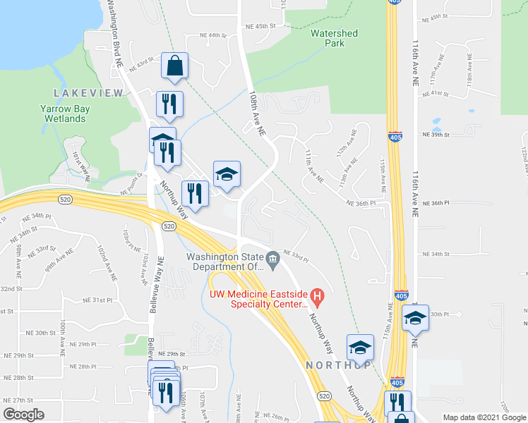 map of restaurants, bars, coffee shops, grocery stores, and more near 10819 Northeast 37th Place in Bellevue