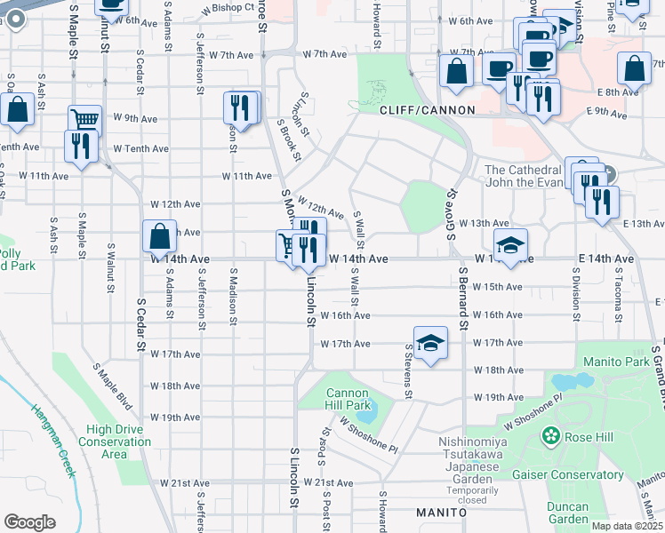 map of restaurants, bars, coffee shops, grocery stores, and more near 728 West 14th Avenue in Spokane