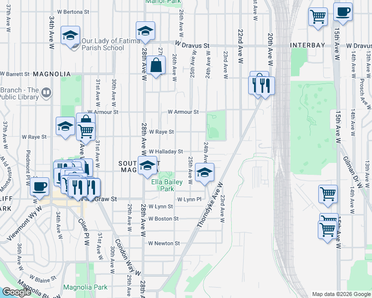 map of restaurants, bars, coffee shops, grocery stores, and more near 2577 25th Avenue West in Seattle