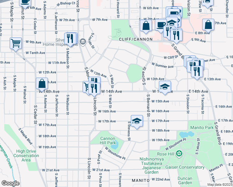 map of restaurants, bars, coffee shops, grocery stores, and more near 623 West 13th Avenue in Spokane