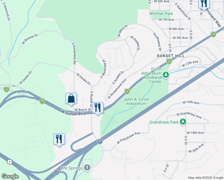 map of restaurants, bars, coffee shops, grocery stores, and more near 1321 South Azalea Drive in Spokane