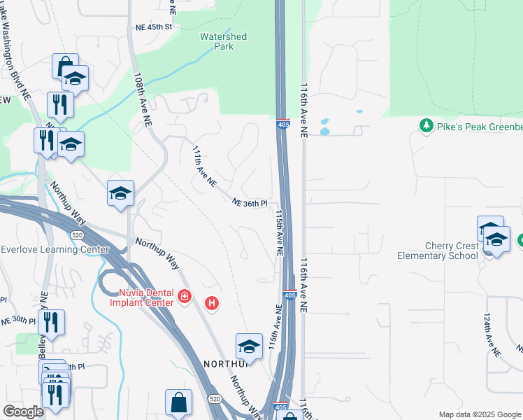 map of restaurants, bars, coffee shops, grocery stores, and more near 11306 Northeast 36th Place in Bellevue