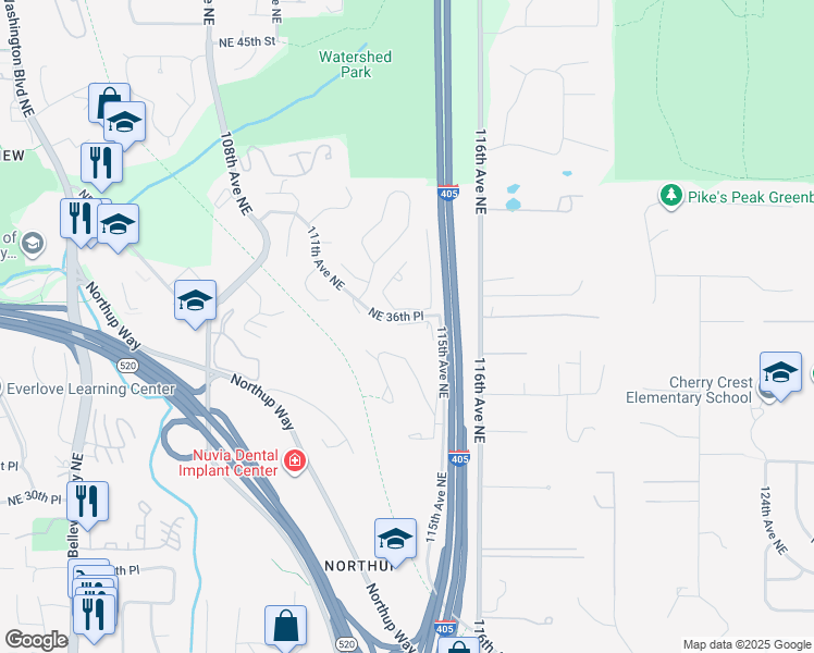 map of restaurants, bars, coffee shops, grocery stores, and more near 11306 Northeast 36th Place in Bellevue