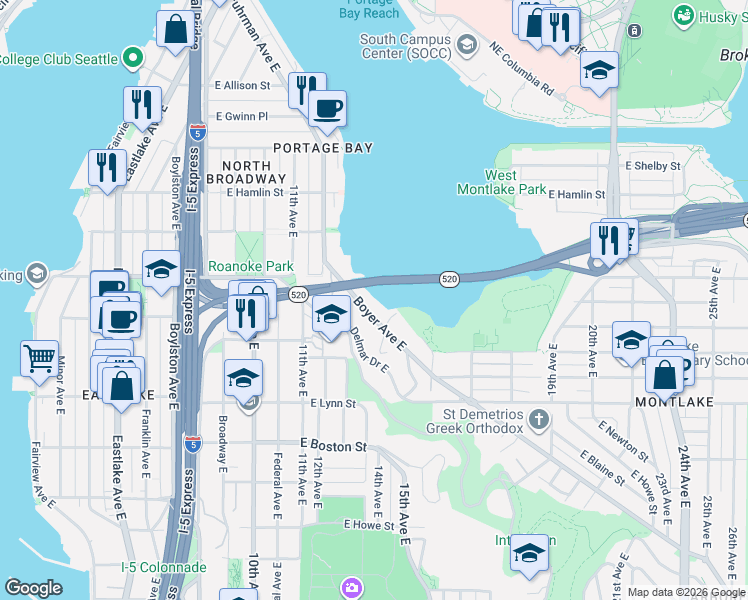 map of restaurants, bars, coffee shops, grocery stores, and more near 2524 Boyer Avenue East in Seattle
