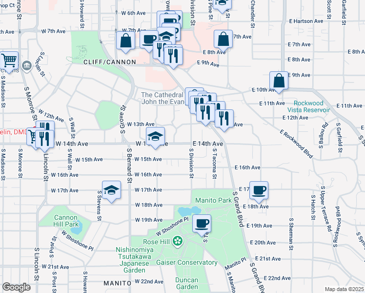 map of restaurants, bars, coffee shops, grocery stores, and more near 17 West 14th Avenue in Spokane